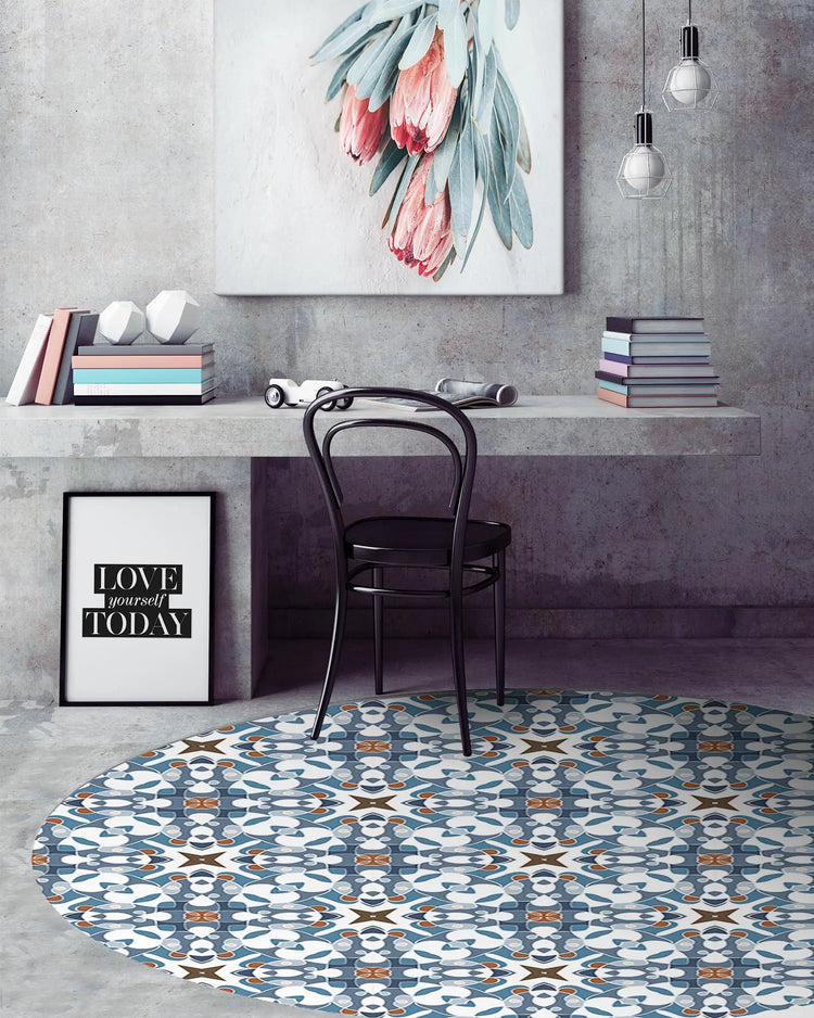 Alfombra Azulejo Hidráulico Tipo Oriental Azul Redonda freeshipping - Home and Living