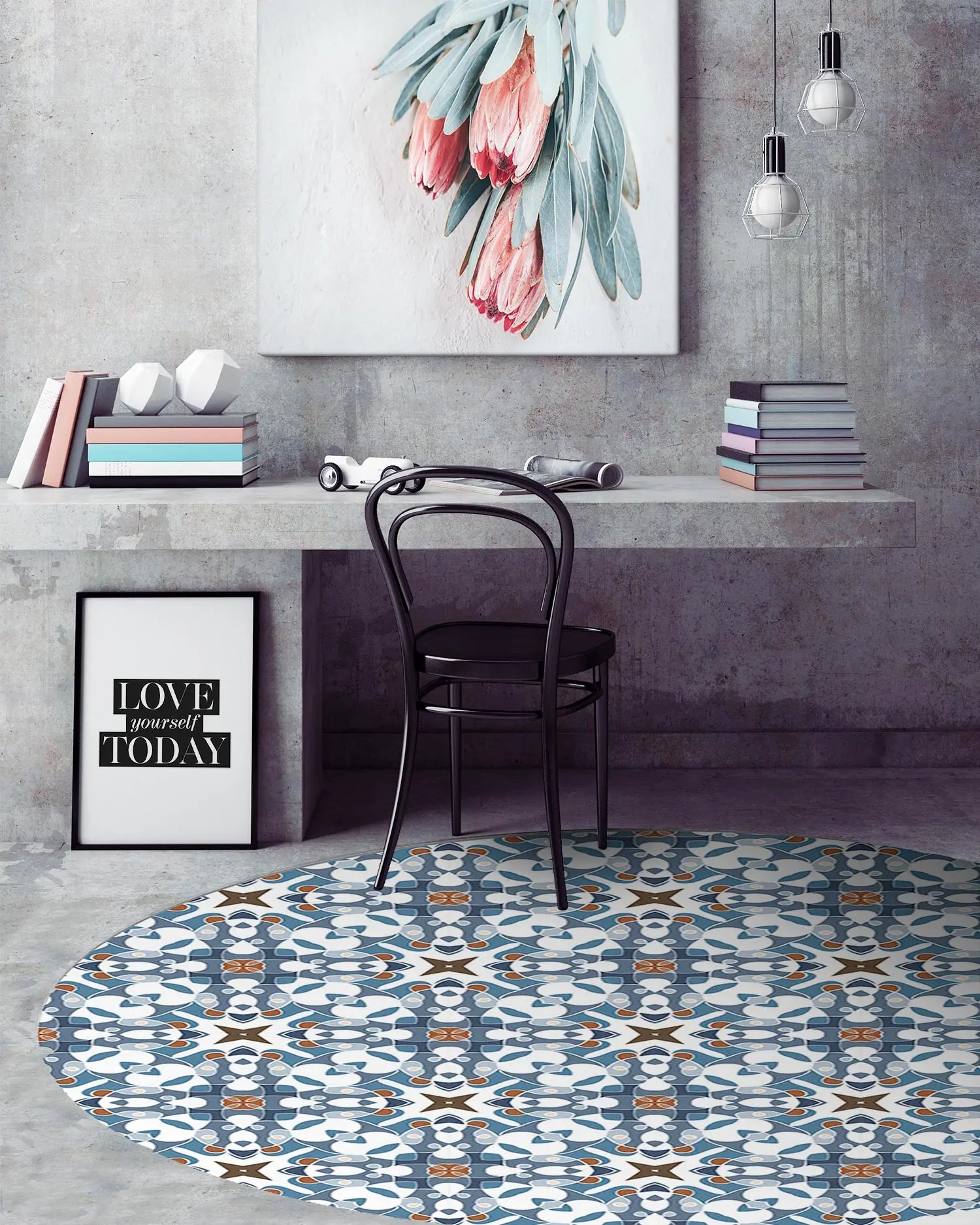 Alfombra Azulejo Hidráulico Tipo Oriental Azul Redonda freeshipping - Home and Living