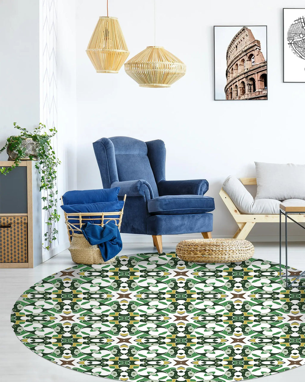 Alfombra Azulejo Hidráulico Tipo Oriental Verde Redonda freeshipping - Home and Living