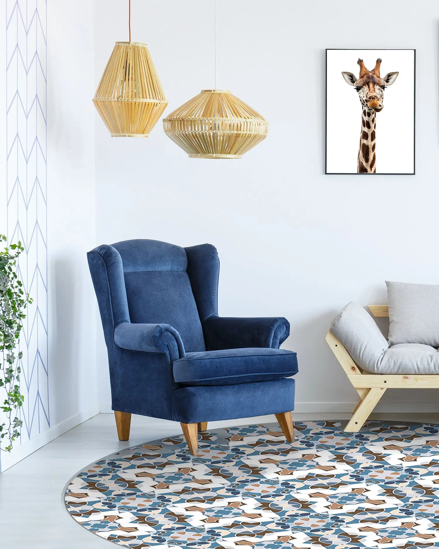 Alfombra Baldosín Estilo Oriental Azul Redonda freeshipping - Home and Living