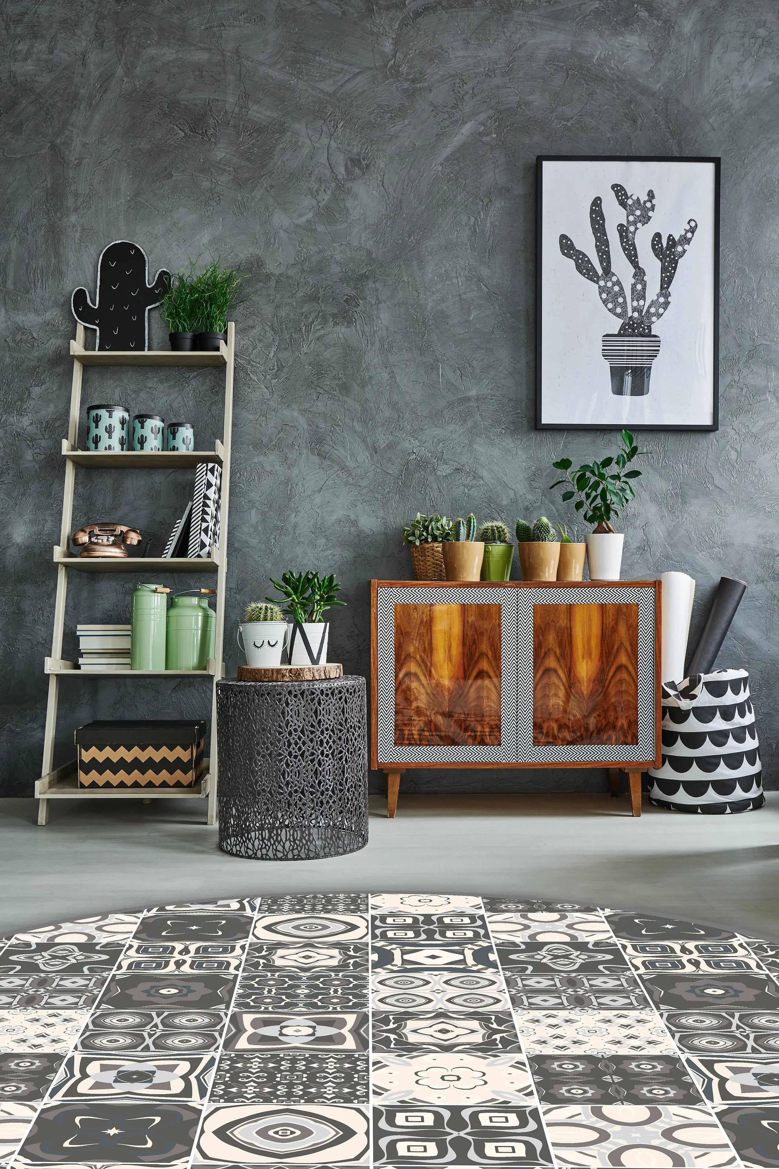 Alfombra Gris Baldosa Hidráulica Redonda freeshipping - Home and Living